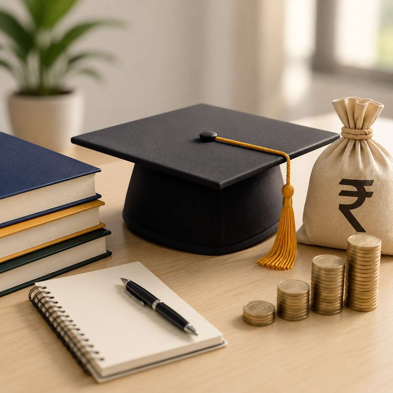 MBA education cost planning with graduation cap, books, notebook, rising coin stacks and financial planning elements representing tuition fees and investment.